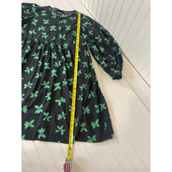 ASOS Pieces Floral Mini Smock Babydoll Dress in Black & Green Long Sleeve Size M - Picture 7 of 8